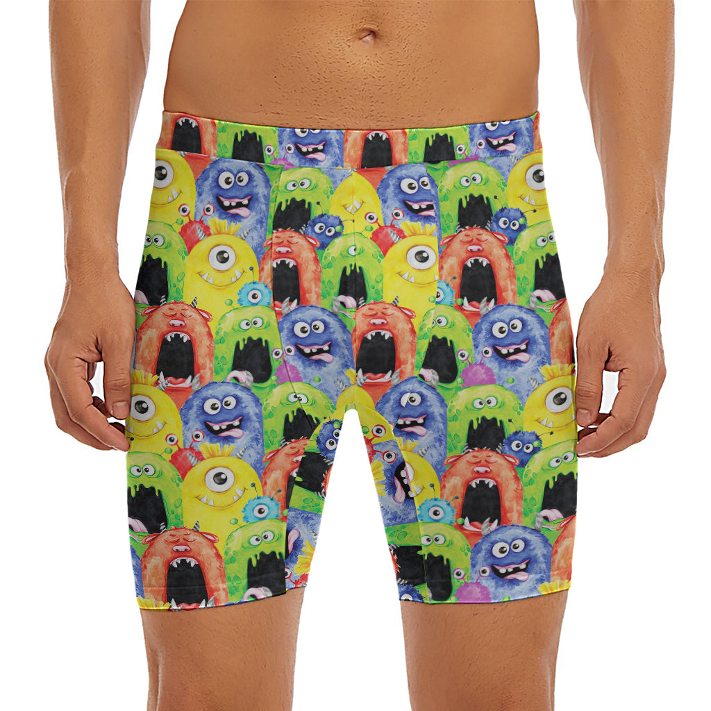 Watercolor Monster Pattern Print Men's Long Boxer Briefs