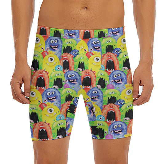 Watercolor Monster Pattern Print Men's Long Boxer Briefs