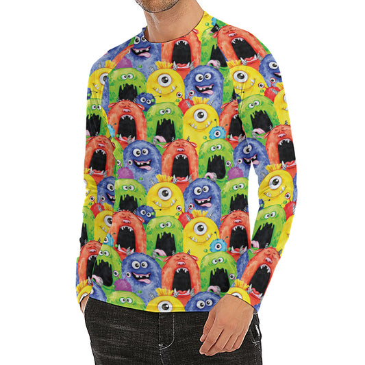 Watercolor Monster Pattern Print Men's Long Sleeve Rash Guard