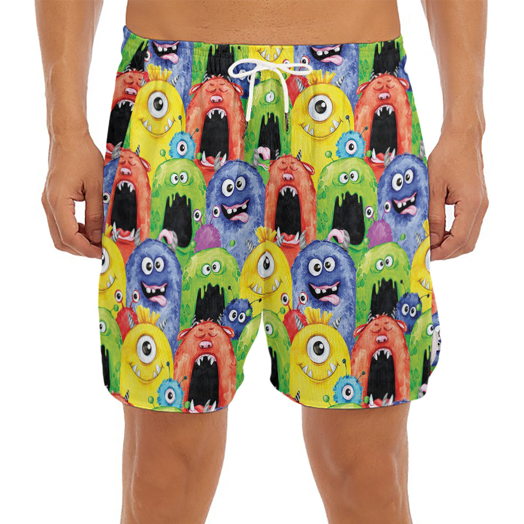 Watercolor Monster Pattern Print Men's Split Running Shorts
