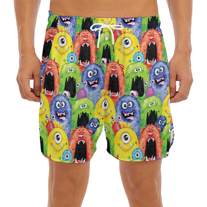 Watercolor Monster Pattern Print Men's Split Running Shorts