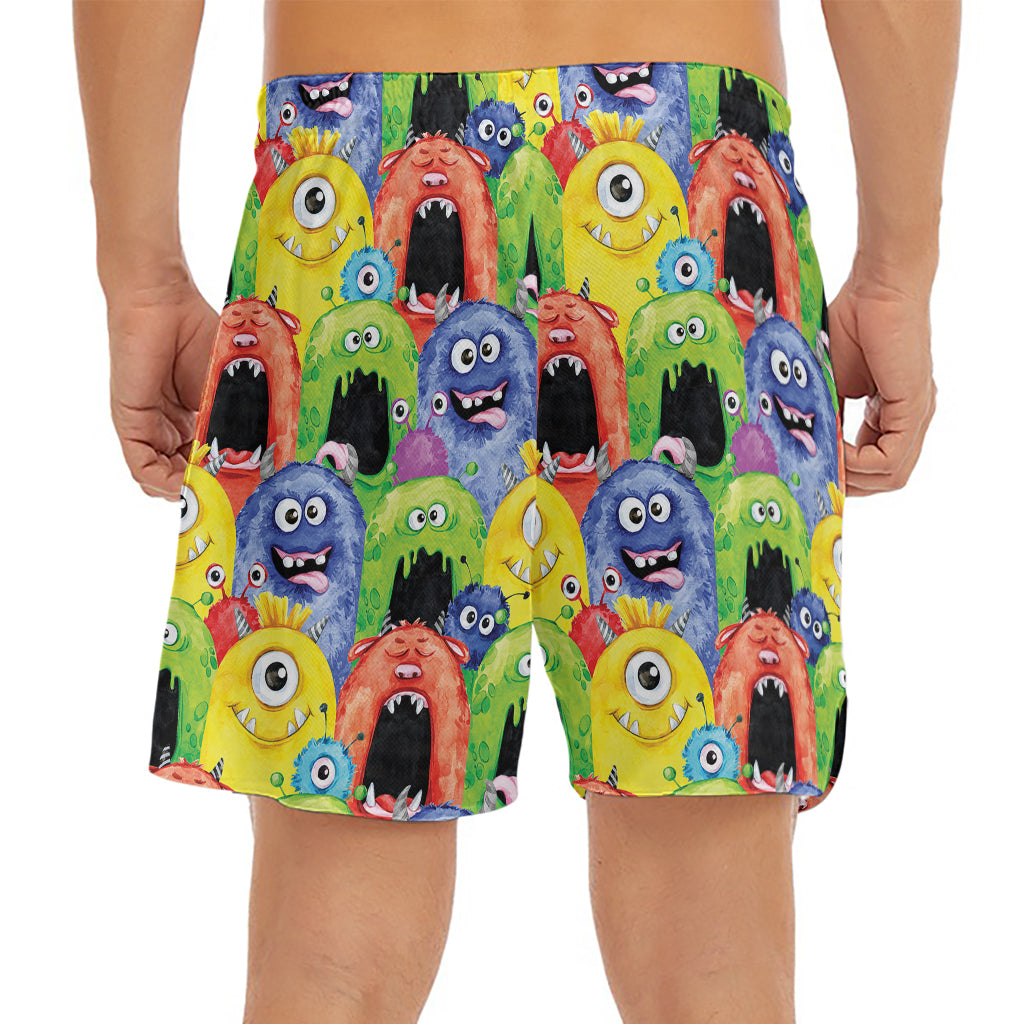 Watercolor Monster Pattern Print Men's Split Running Shorts