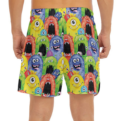 Watercolor Monster Pattern Print Men's Split Running Shorts