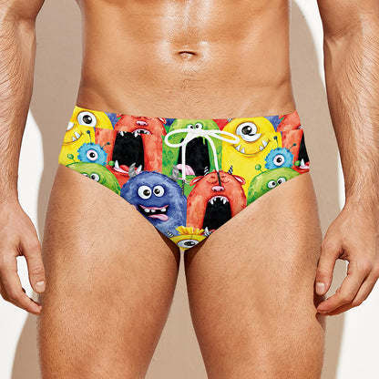 Watercolor Monster Pattern Print Men's Swim Briefs