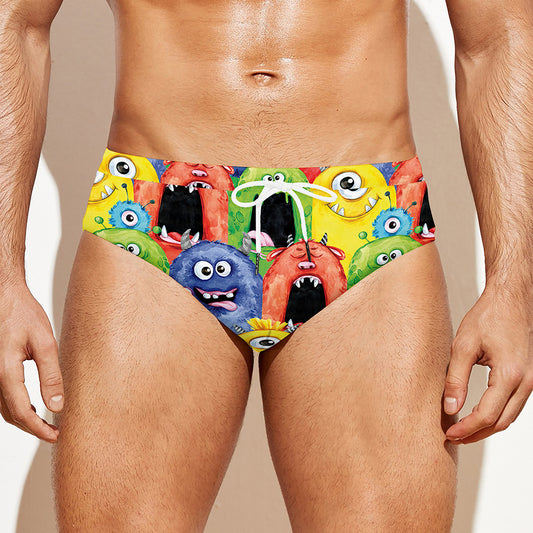 Watercolor Monster Pattern Print Men's Swim Briefs