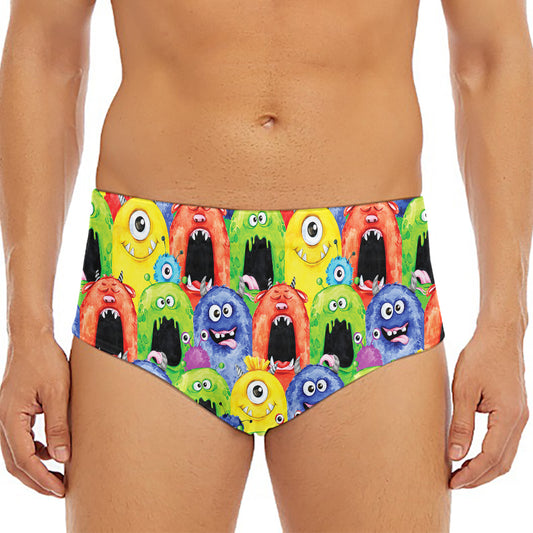 Watercolor Monster Pattern Print Men's Triangle Swim Briefs