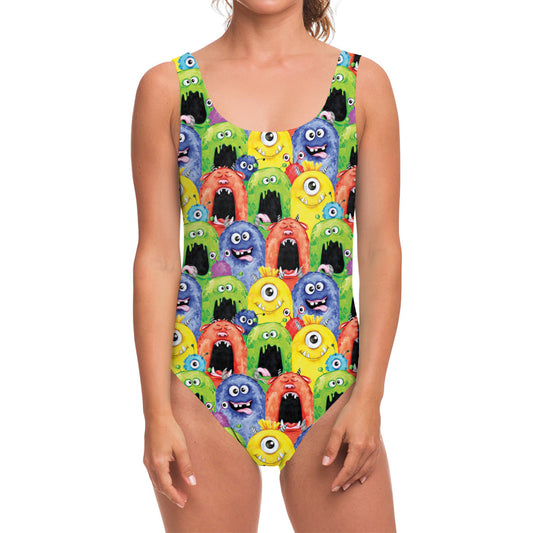 Watercolor Monster Pattern Print One Piece Swimsuit