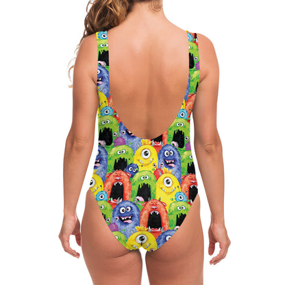 Watercolor Monster Pattern Print One Piece Swimsuit