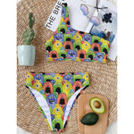 Watercolor Monster Pattern Print One Shoulder Bikini Top