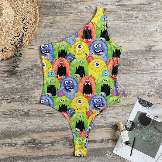 Watercolor Monster Pattern Print One Shoulder Bodysuit
