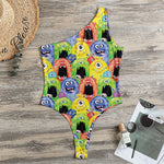 Watercolor Monster Pattern Print One Shoulder Bodysuit