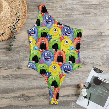 Watercolor Monster Pattern Print One Shoulder Bodysuit