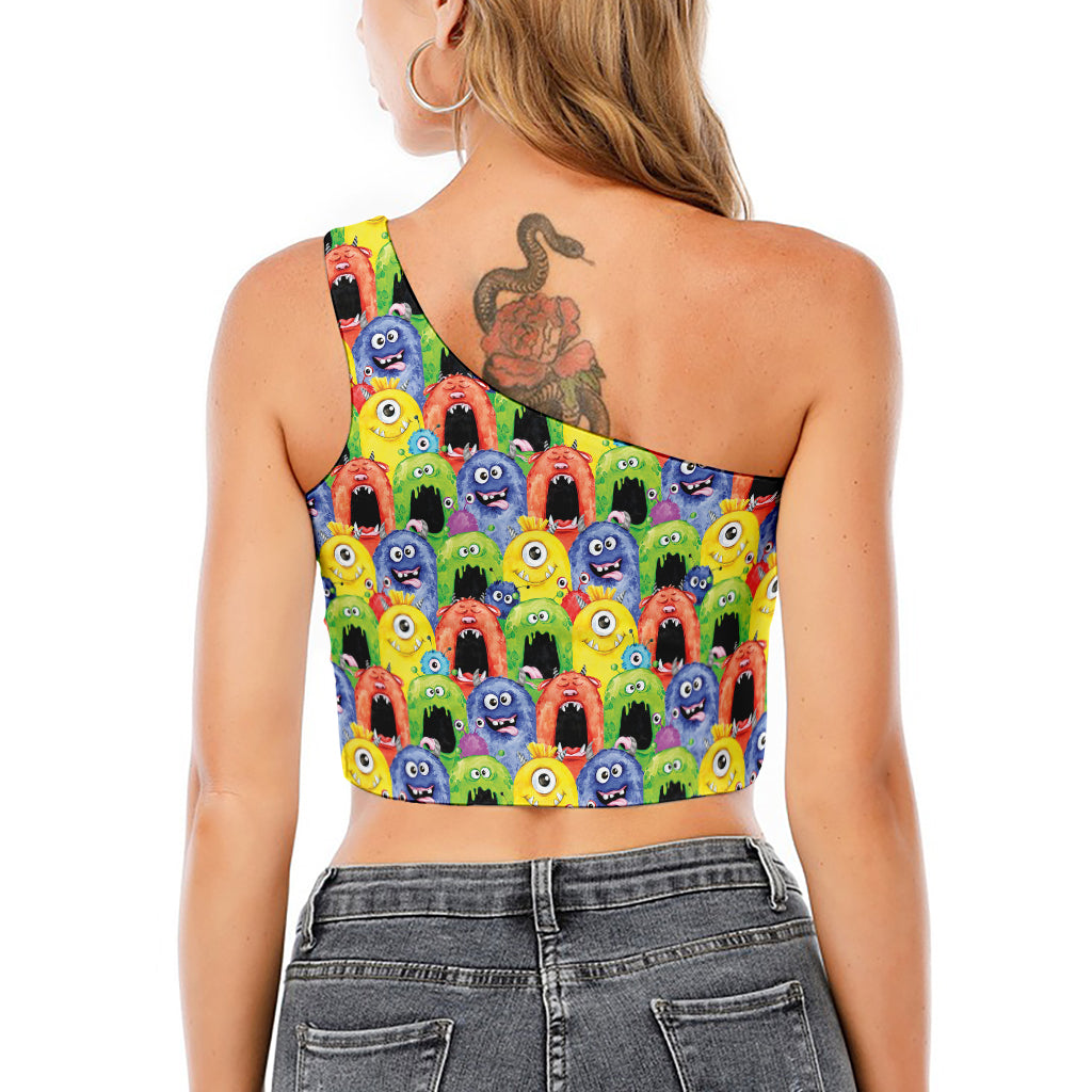Watercolor Monster Pattern Print One Shoulder Crop Top