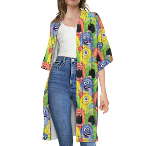 Watercolor Monster Pattern Print Open Front Beach Cover Up