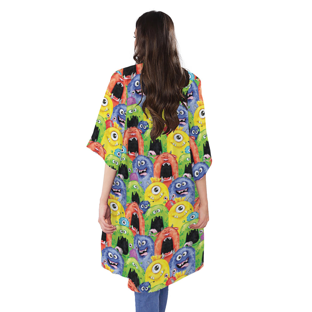 Watercolor Monster Pattern Print Open Front Beach Cover Up