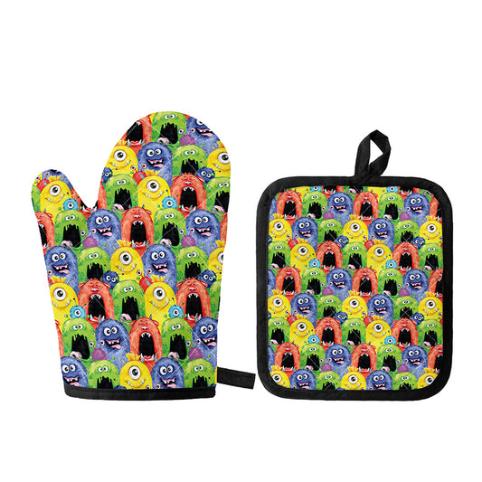 Watercolor Monster Pattern Print Oven Mitt And Pot Holder Set