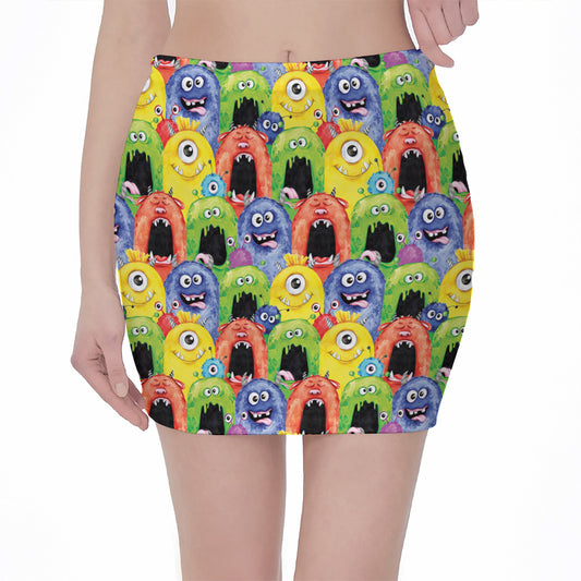 Watercolor Monster Pattern Print Pencil Mini Skirt