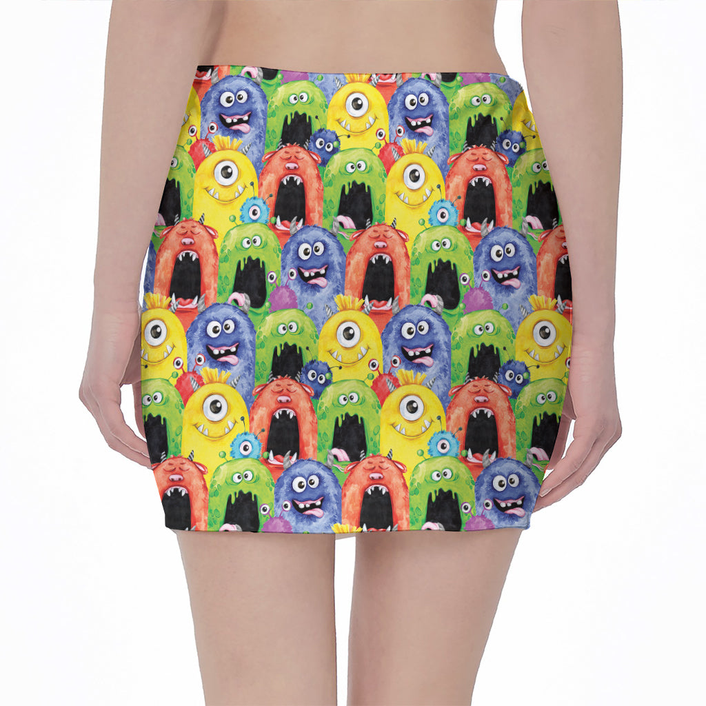 Watercolor Monster Pattern Print Pencil Mini Skirt