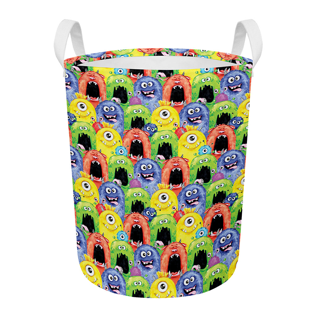 Watercolor Monster Pattern Print Round Laundry Basket