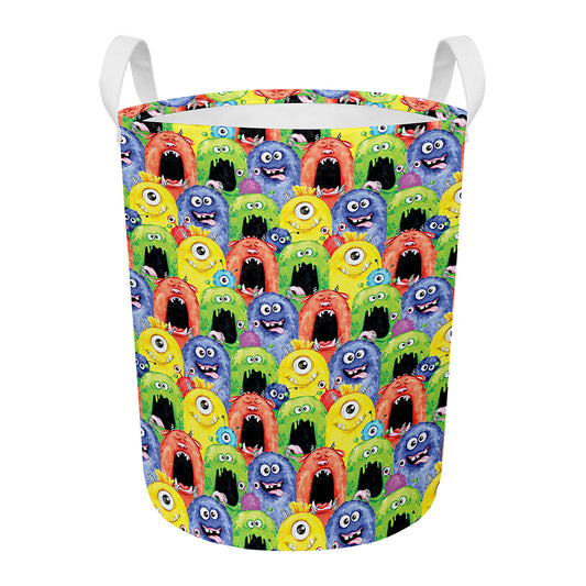 Watercolor Monster Pattern Print Round Laundry Basket