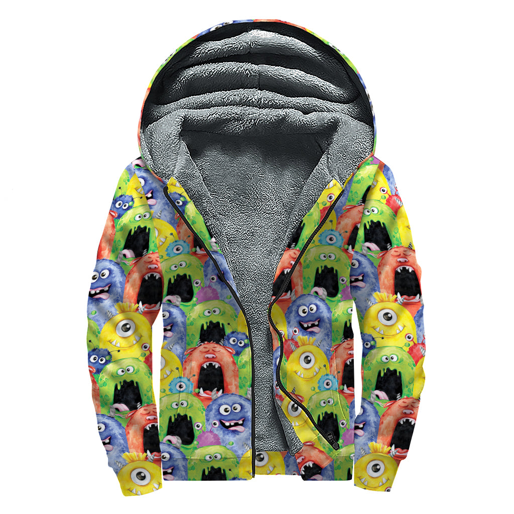 Watercolor Monster Pattern Print Sherpa Lined Zip Up Hoodie