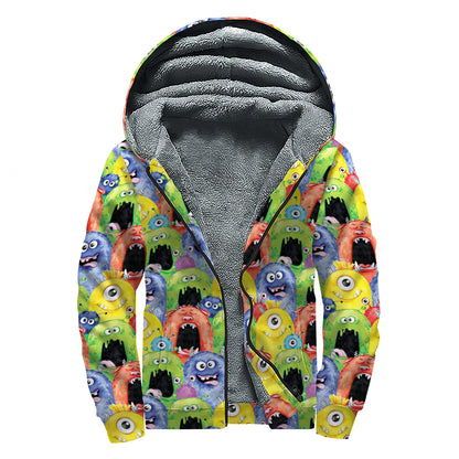 Watercolor Monster Pattern Print Sherpa Lined Zip Up Hoodie