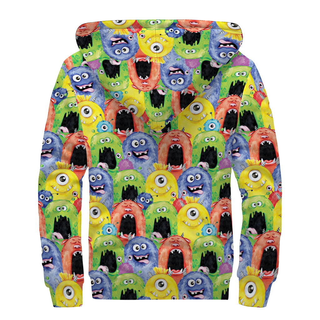 Watercolor Monster Pattern Print Sherpa Lined Zip Up Hoodie