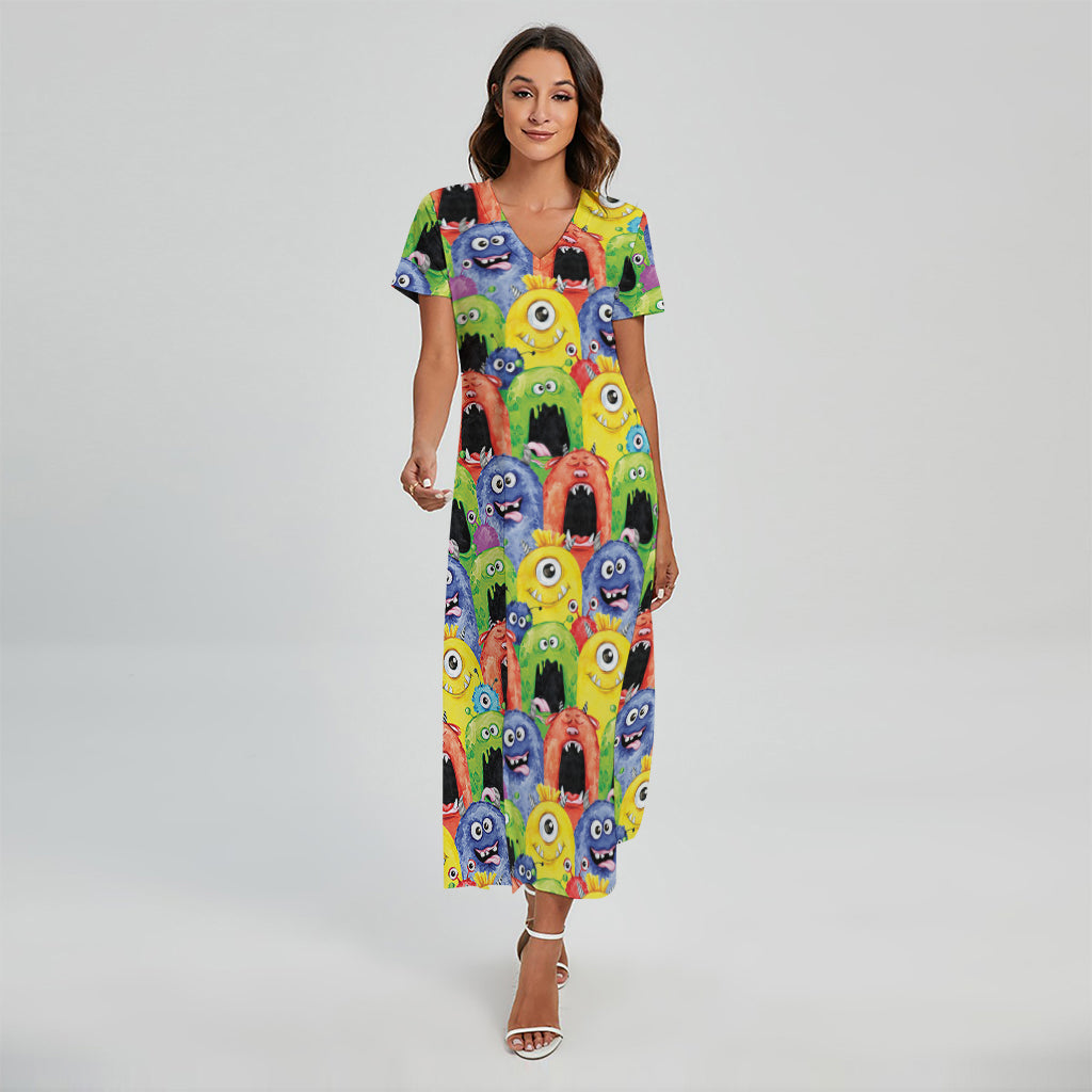 Watercolor Monster Pattern Print Short Sleeve Maxi Dress