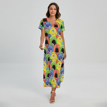 Watercolor Monster Pattern Print Short Sleeve Maxi Dress
