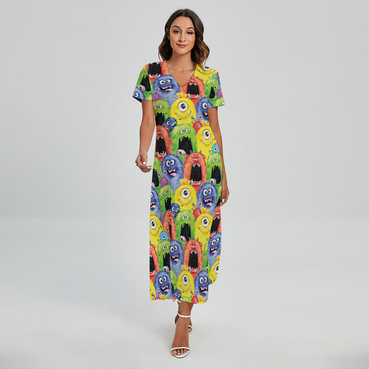 Watercolor Monster Pattern Print Short Sleeve Maxi Dress