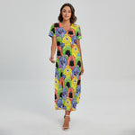 Watercolor Monster Pattern Print Short Sleeve Maxi Dress