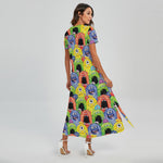 Watercolor Monster Pattern Print Short Sleeve Maxi Dress