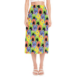 Watercolor Monster Pattern Print Side Slit Midi Skirt