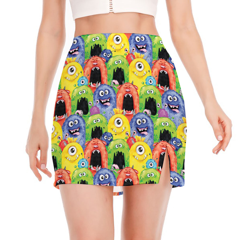 Watercolor Monster Pattern Print Side Slit Mini Skirt