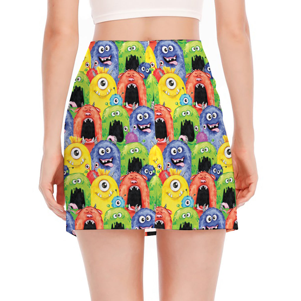 Watercolor Monster Pattern Print Side Slit Mini Skirt