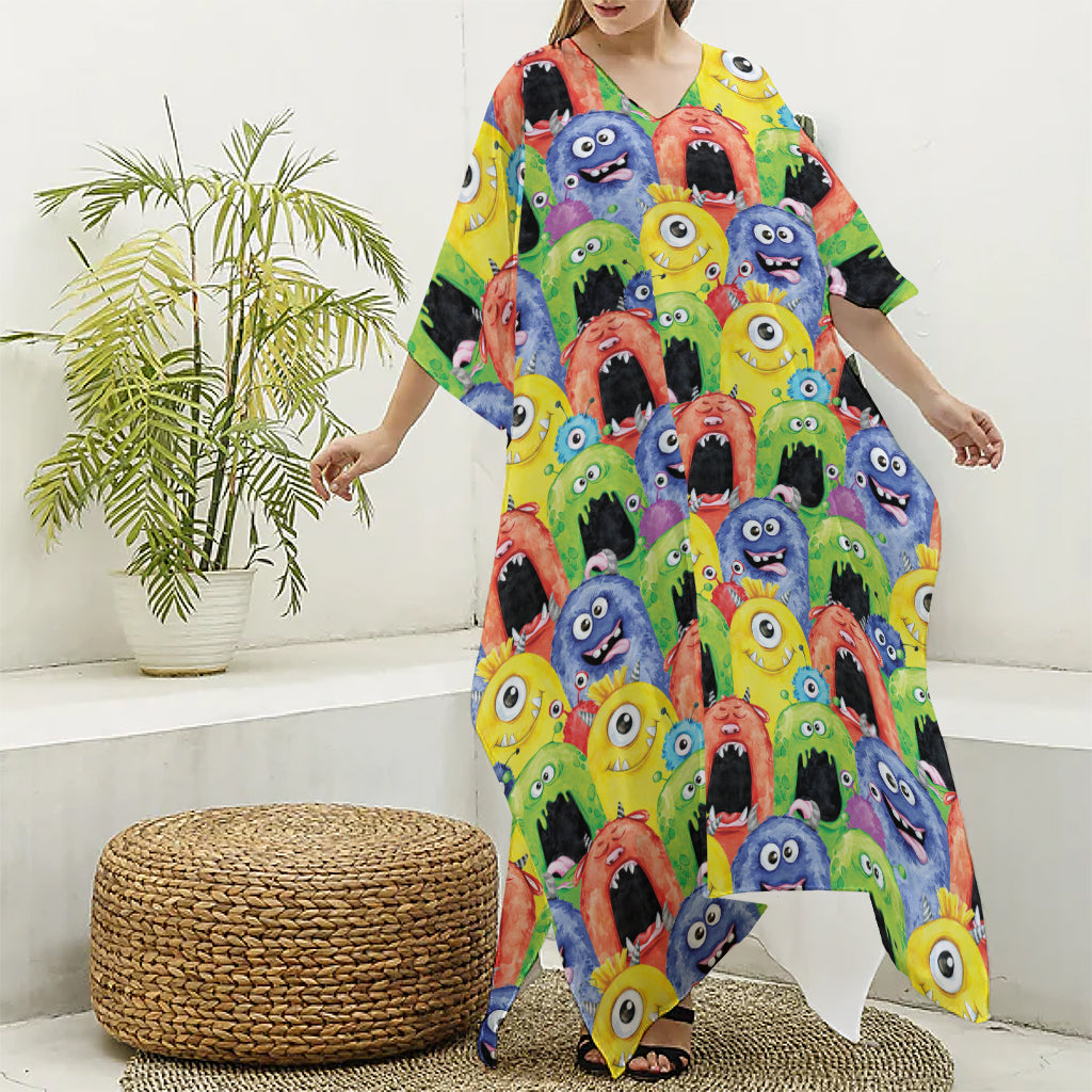 Watercolor Monster Pattern Print Silk V-Neck Kaftan Dress