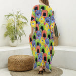 Watercolor Monster Pattern Print Silk V-Neck Kaftan Dress