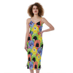 Watercolor Monster Pattern Print Slim Fit Midi Cami Dress