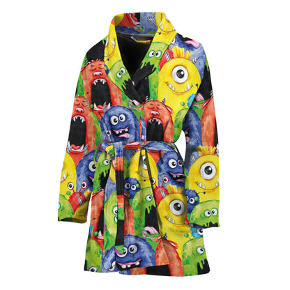 Watercolor Monster Pattern Print Women's Bathrobe