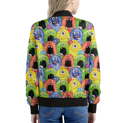 Watercolor Monster Pattern Print Women's Bomber Jacket