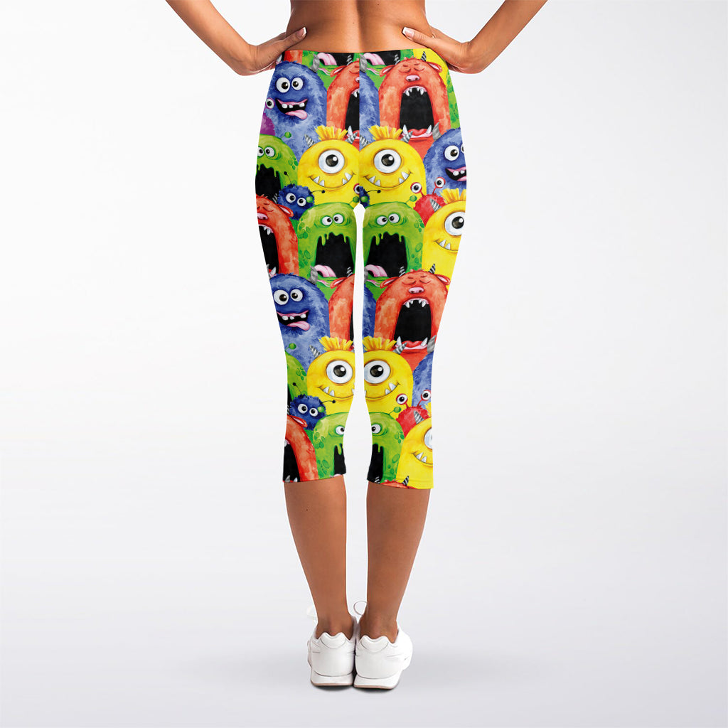 Watercolor Monster Pattern Print Women's Capri Leggings