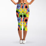 Watercolor Monster Pattern Print Women's Capri Leggings