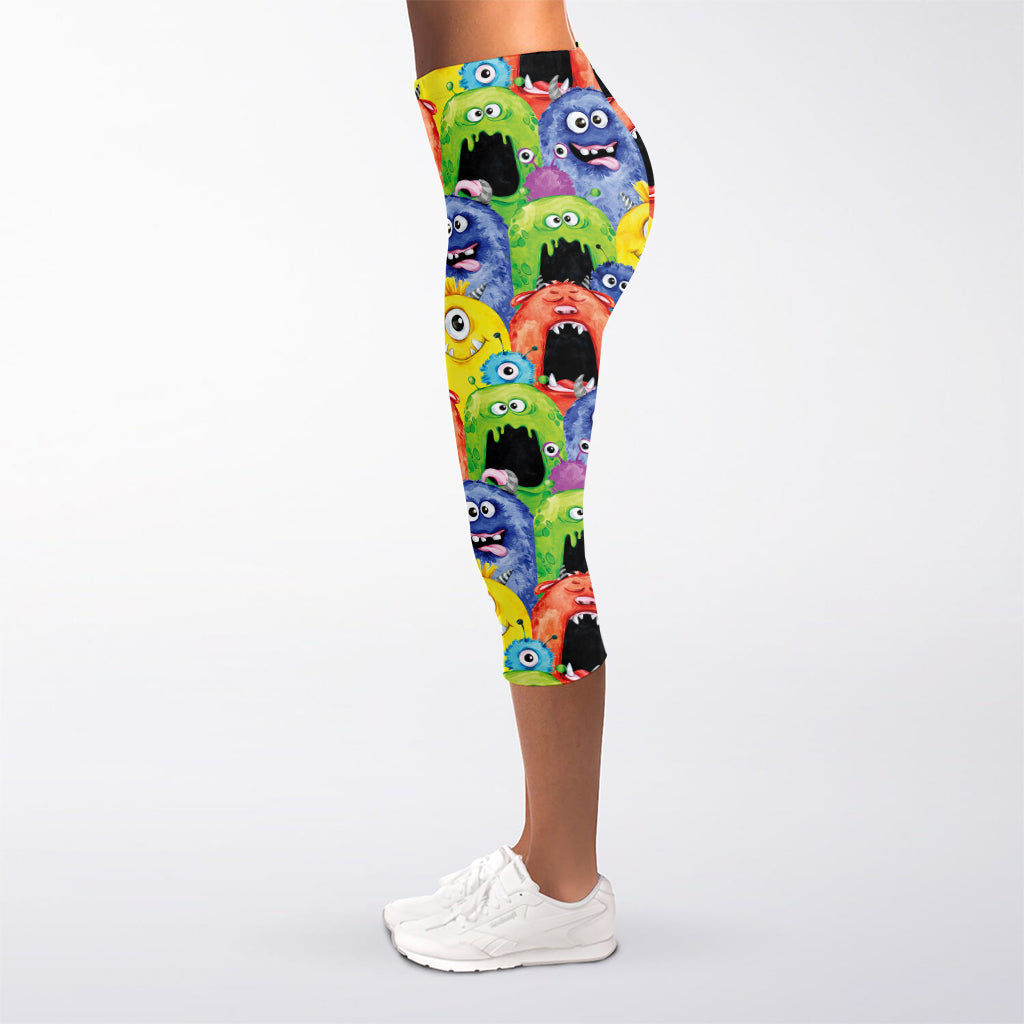 Watercolor Monster Pattern Print Women's Capri Leggings