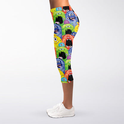 Watercolor Monster Pattern Print Women's Capri Leggings