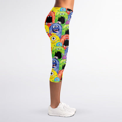 Watercolor Monster Pattern Print Women's Capri Leggings