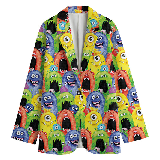 Watercolor Monster Pattern Print Women's Cotton Blazer