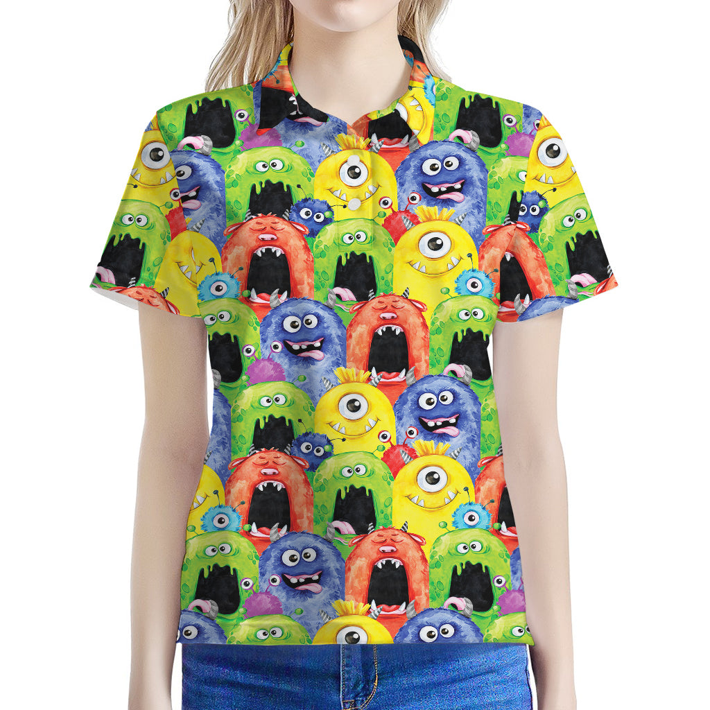 Watercolor Monster Pattern Print Women's Polo Shirt