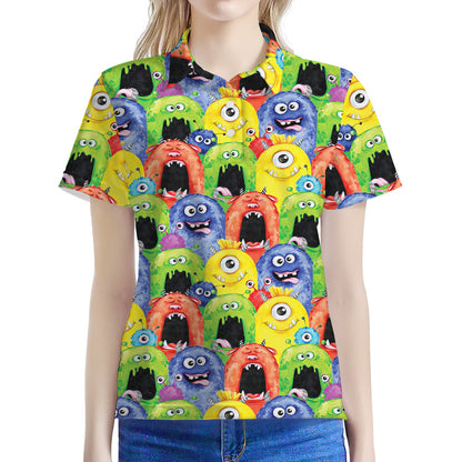Watercolor Monster Pattern Print Women's Polo Shirt