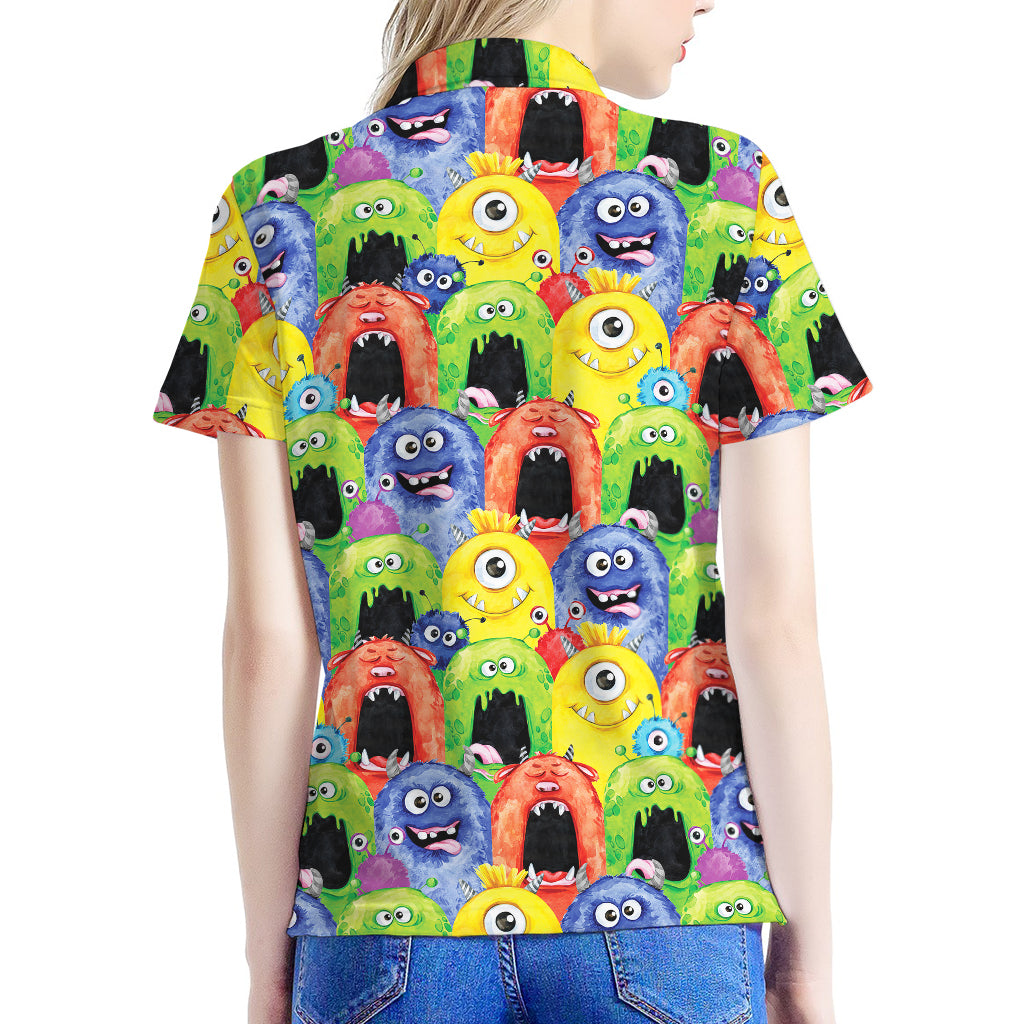 Watercolor Monster Pattern Print Women's Polo Shirt