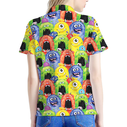 Watercolor Monster Pattern Print Women's Polo Shirt